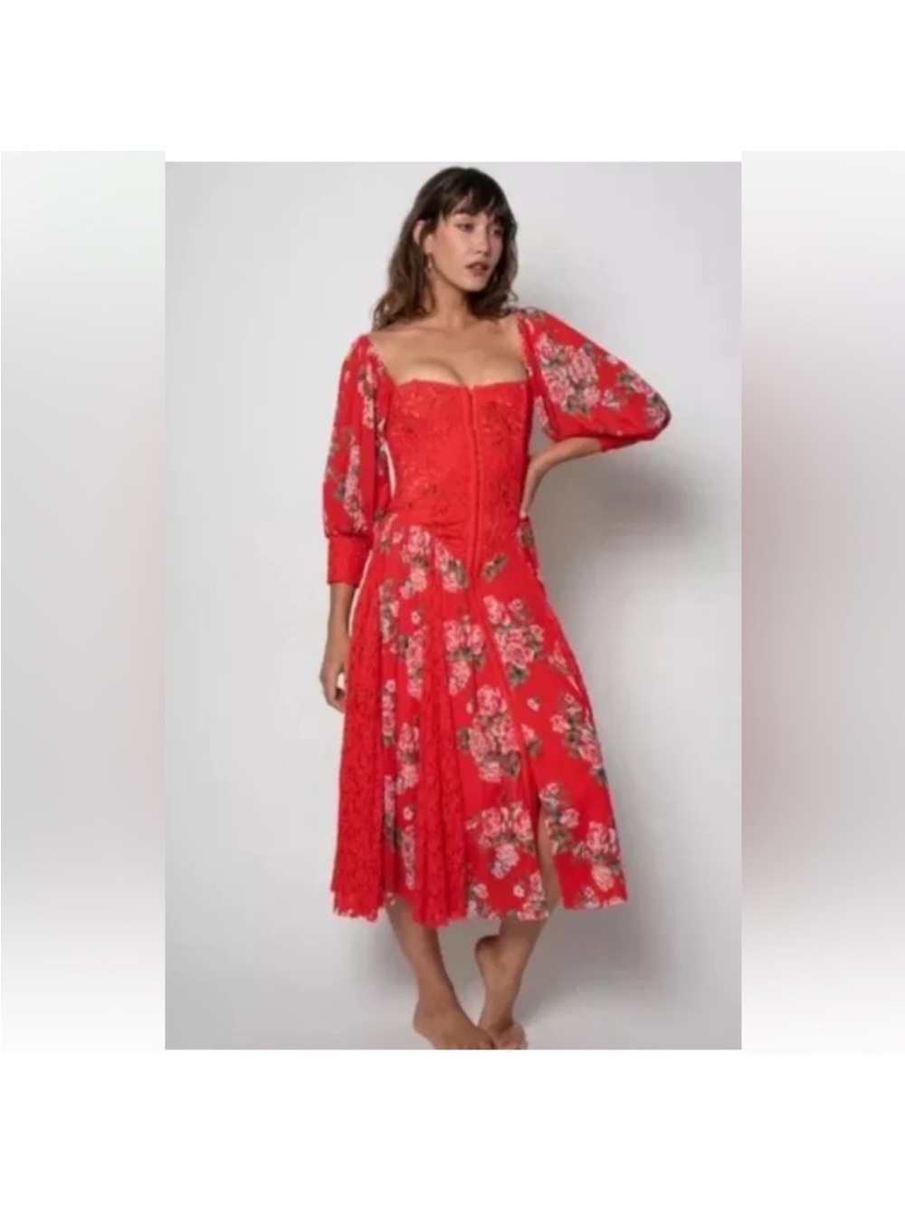 We Are Hah Red Floral Midi Dress with Puff Sleeves Size Large